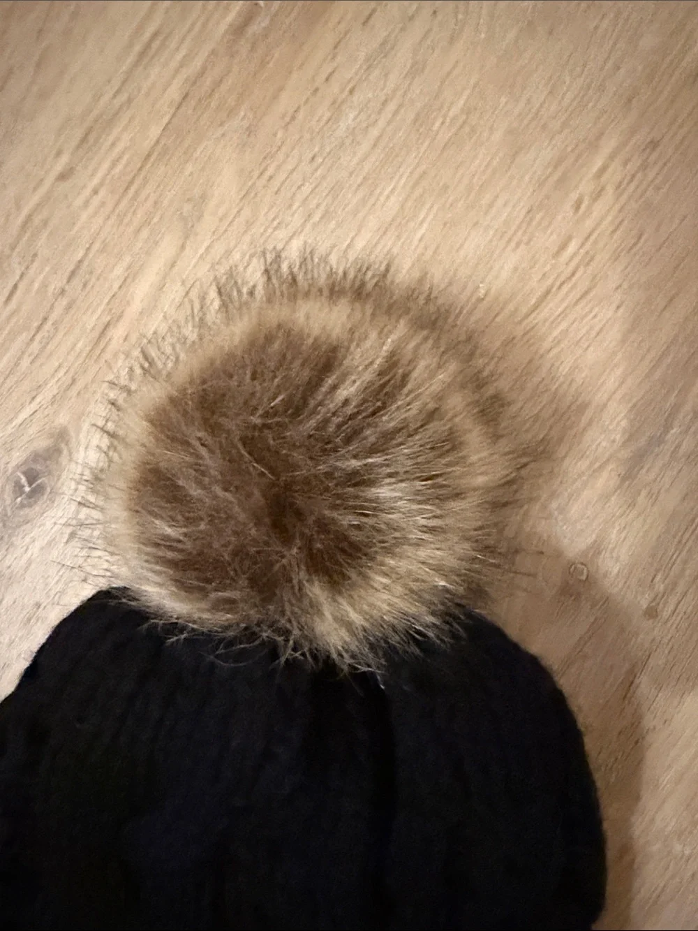 Kids Black Cable Knit Pom Beanie with Brown Faux Fur Pom